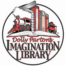 Open book with a row of books on top, held up by train bookends. Dolly Parton's Imagination Library