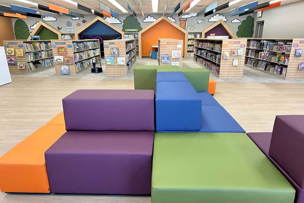 Colorful soft seats in the new children's area of the library