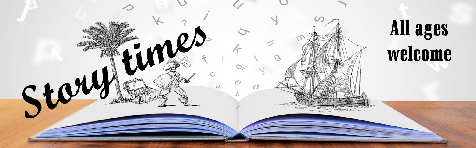 An open book with fantastical figures and a pirate ship on the top. Story times