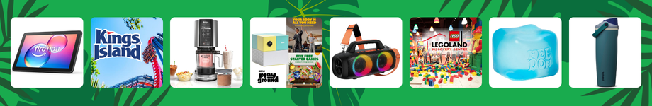 prizes displayed in a line: Fire tablet, Kings Island tickets, Ninja CREAMi machine, Nex Playground, speaker, LEGOLAND, Needoh, and Owala bottle.