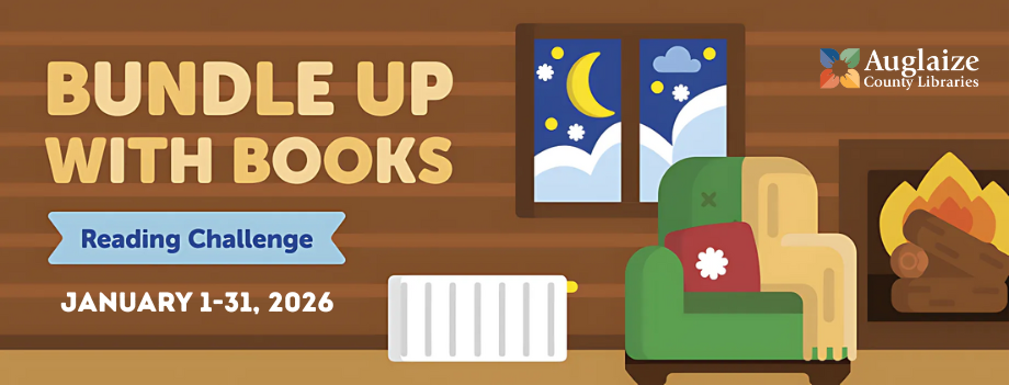 Winter Reading Challenge banner with a cozy scene inside a log cabin